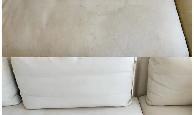 A cream fabric sofa photographed before and after professional cleaning