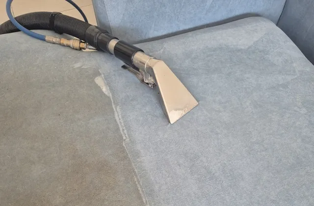 Deep-cleaning a fabric sofa — half clean, half dirty mid-job