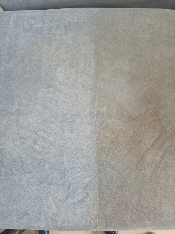 Sofa seat mid-clean — half clean, half dirty