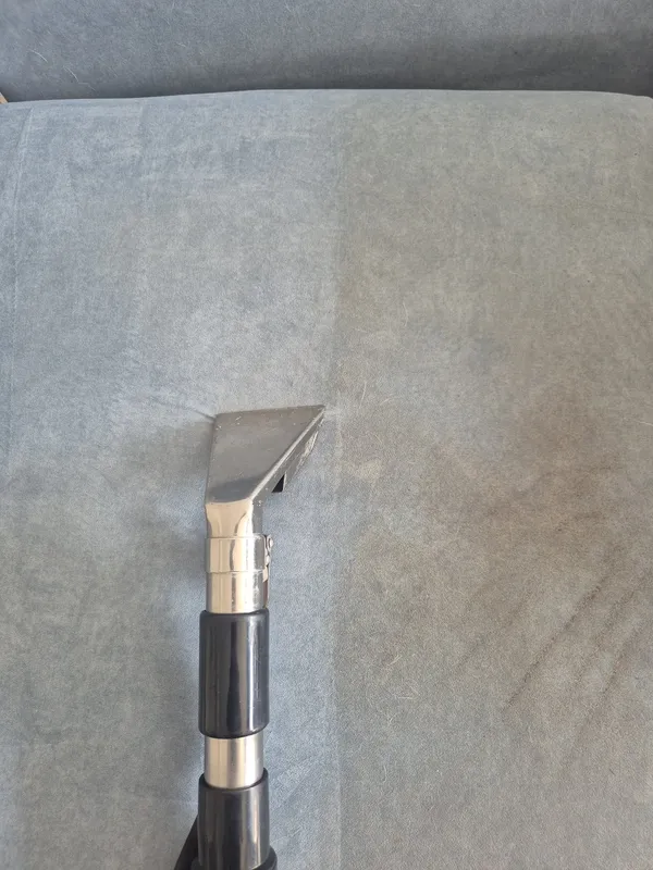 Extraction wand on sofa fabric — the line between clean and dirty